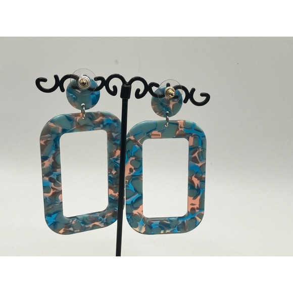 Turquoise Acrylic Dangle Geometric Resin Hoops Earrings! - Picture 6 of 8